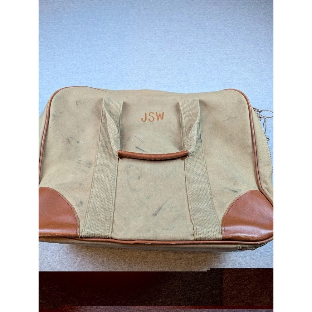Vintage Lands' End Canvas Leather Trim Garment Bag Suiter Carry On Khaki Tan USA